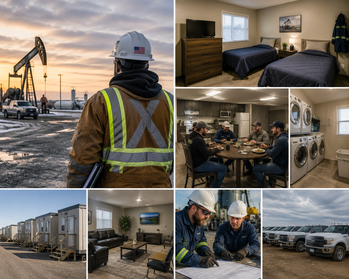 Oilfield work and worker accommodations collage