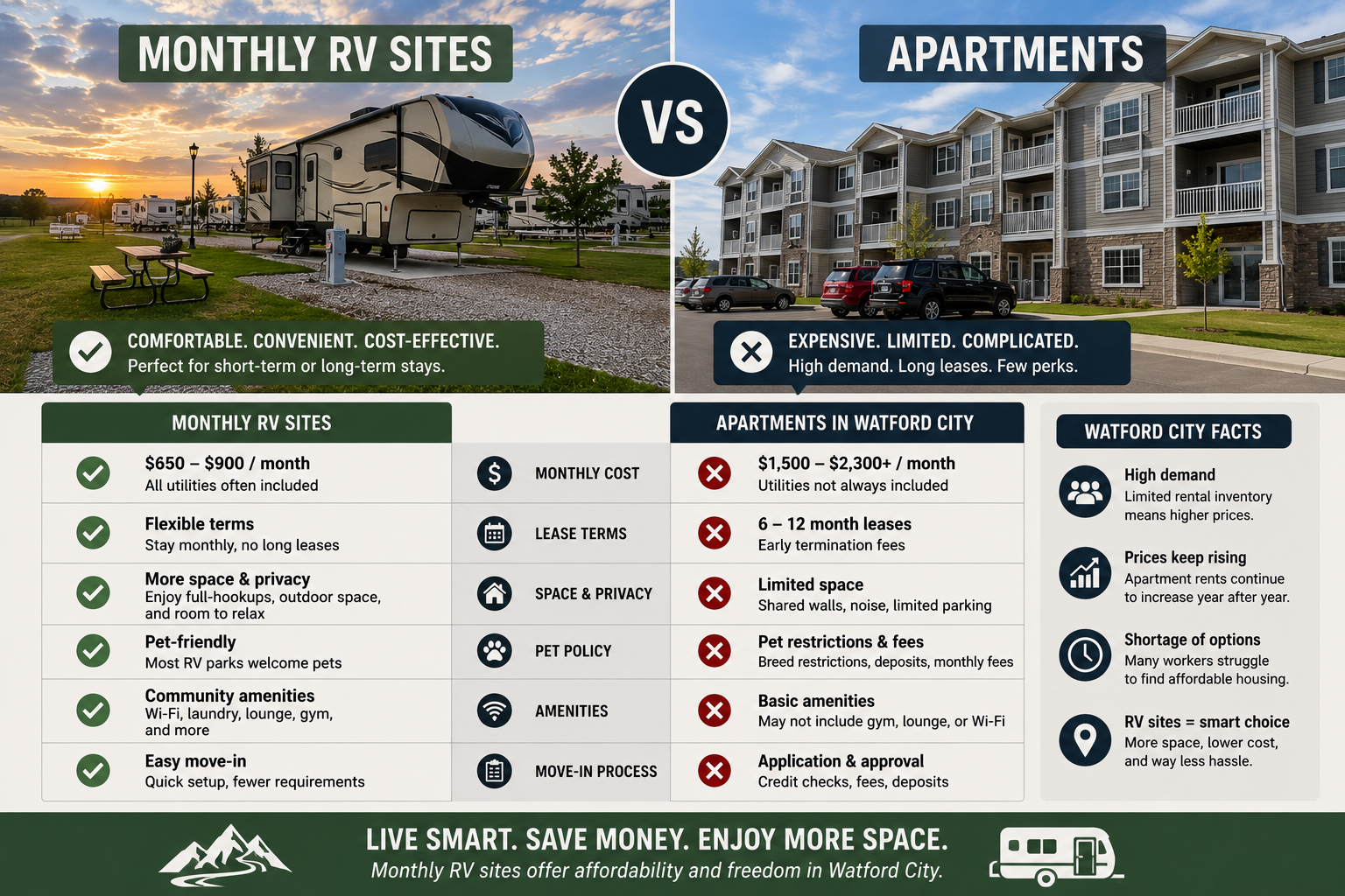 monthly RV site vs apartment Watford City