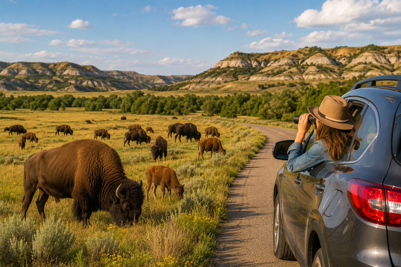 bison watching theodore roosevelt national park in watford city